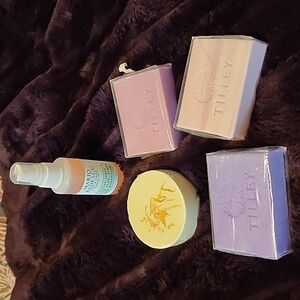 3 bars of Tilley soap, one citrus shower streamer and Mario Badescu facial spray